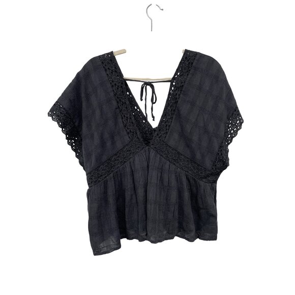 American Eagle Outfitters Babydoll Blouse Size Large Black V Neck Crochet Lace - Picture 2 of 9